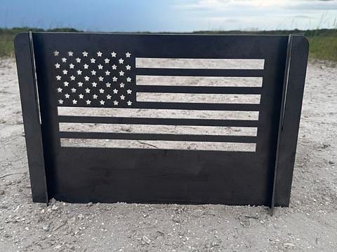 Steel fire pit panel with the American flag plasma-cut through the plate